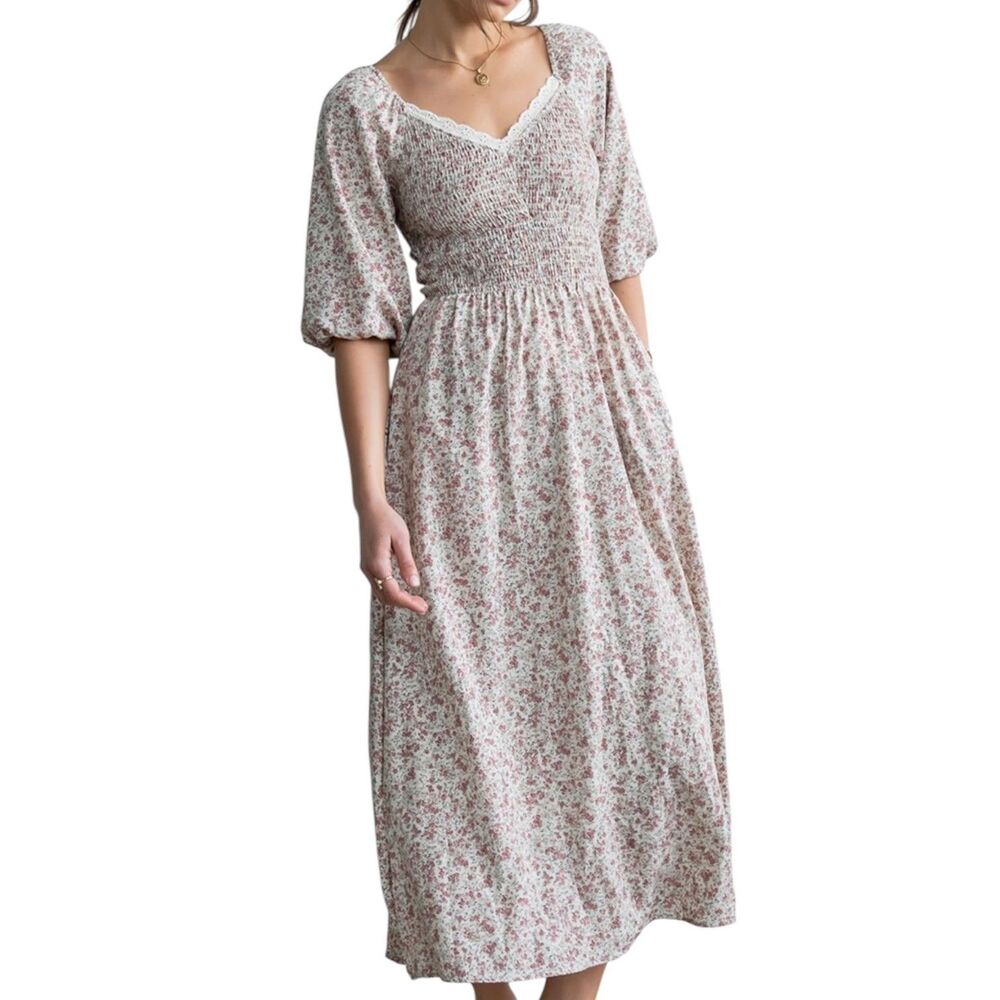 Bohme Darcey Midi Dress Smocked Puff Sleeve Lace Trim Ditsy Floral Tan Pink XS